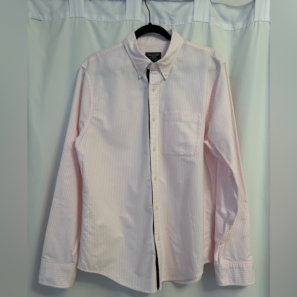 Abercrombie & Fitch Pink and White Striped Shirt with Navy Ribbon Placket
